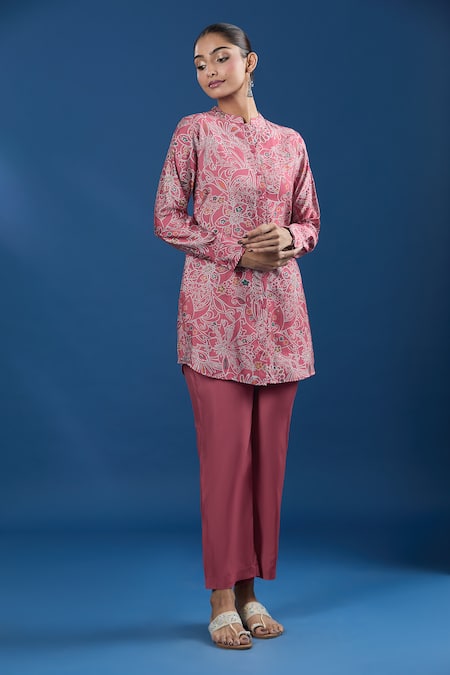 Buy_Naintara Bajaj_Pink Modal, Muslin Collared Printed Tunic And Pant Set _Online_at_Aza_Fashions