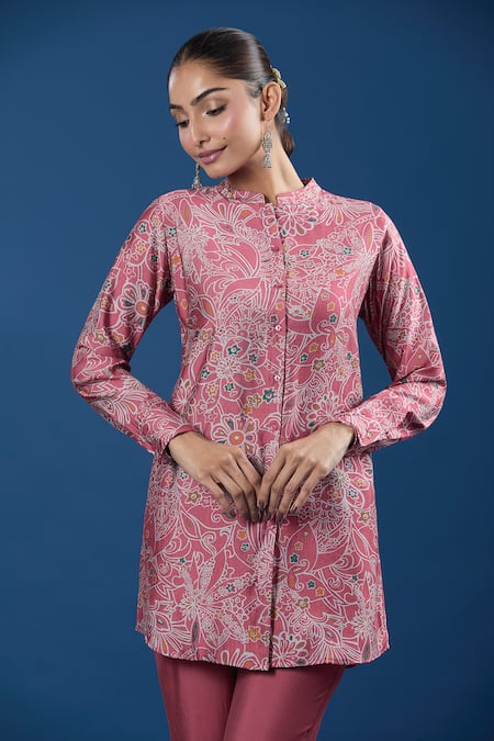 Naintara Bajaj_Pink Modal, Muslin Collared Printed Tunic And Pant Set _at_Aza_Fashions