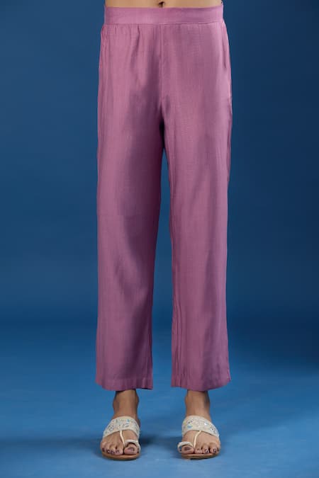 Naintara Bajaj_Pink Embroidery Keyhole Neck Dusty Rose Top And Pant Set _Online_at_Aza_Fashions