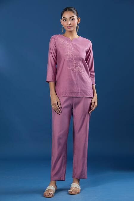 Buy_Naintara Bajaj_Pink Embroidery Keyhole Neck Dusty Rose Top And Pant Set _Online_at_Aza_Fashions