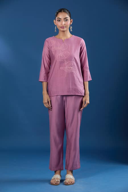 Shop_Naintara Bajaj_Pink Embroidery Keyhole Neck Dusty Rose Top And Pant Set _Online_at_Aza_Fashions