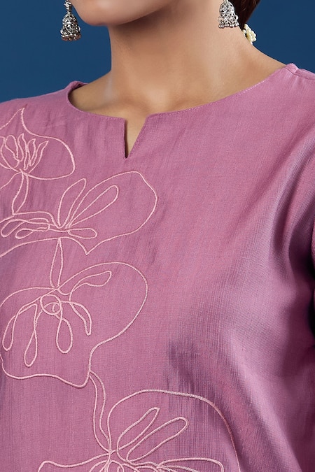 Naintara Bajaj_Pink Embroidery Keyhole Neck Dusty Rose Top And Pant Set _at_Aza_Fashions