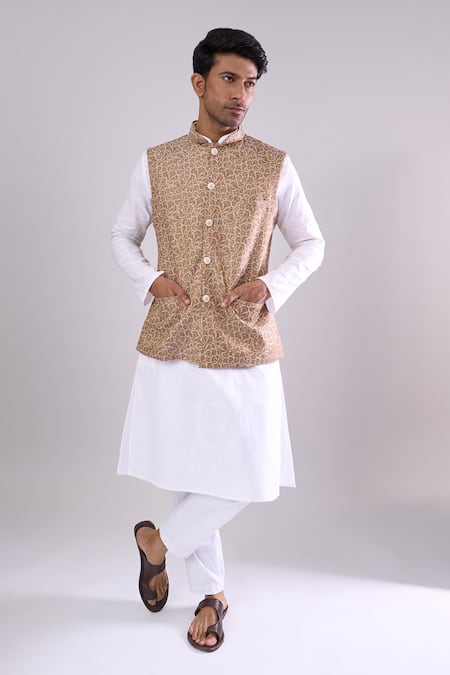 Arihant Rai Sinha Chiku Brown Poly Jacquard Bundi 