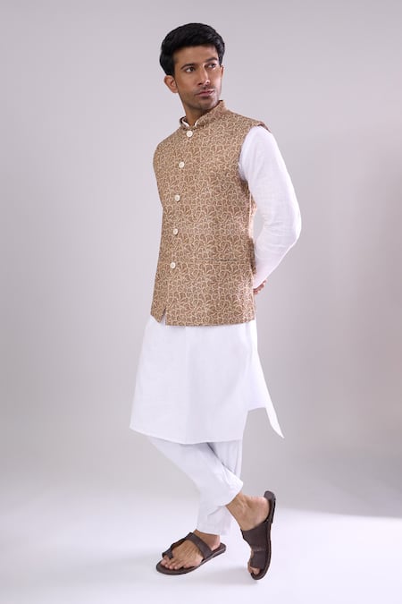 Arihant Rai Sinha_Brown Polyester, Jacquard Chiku Poly Bundi _Online_at_Aza_Fashions