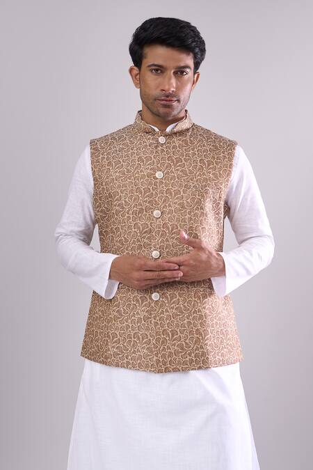 Shop_Arihant Rai Sinha_Brown Polyester, Jacquard Chiku Poly Bundi _Online_at_Aza_Fashions