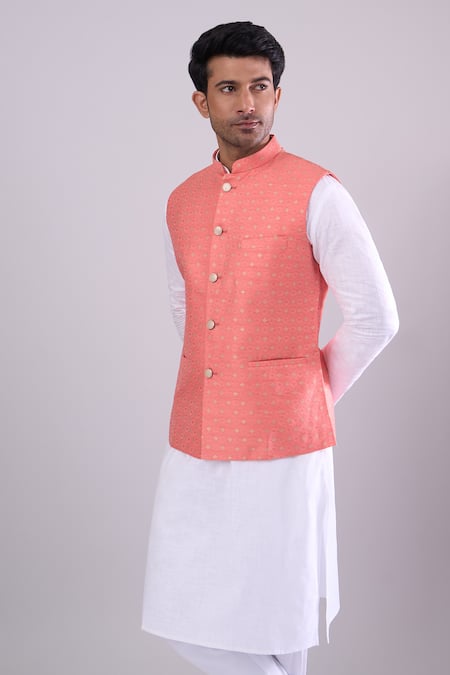 Arihant Rai Sinha_Peach Polyester, Jacquard Poly Bundi _Online_at_Aza_Fashions