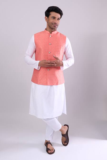 Buy_Arihant Rai Sinha_Peach Polyester, Jacquard Poly Bundi _Online_at_Aza_Fashions