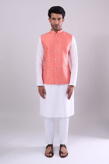 Shop_Arihant Rai Sinha_Peach Polyester, Jacquard Poly Bundi _Online_at_Aza_Fashions