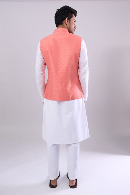 Arihant Rai Sinha Peach Poly Jacquard Bundi 