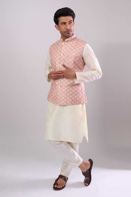 Buy_Arihant Rai Sinha_Peach Poly Digital Pattern Bundi _Online_at_Aza_Fashions