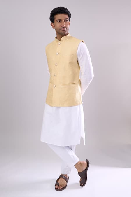 Arihant Rai Sinha Yellow Poly Jacquard Bundi Online at Aza Fashions Arihant Rai Sinha_Yellow Poly Jacquard Bundi _Online_at_Aza_Fashions