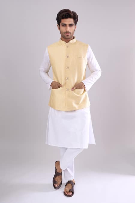 Arihant Rai Sinha Yellow Poly Jacquard Bundi 