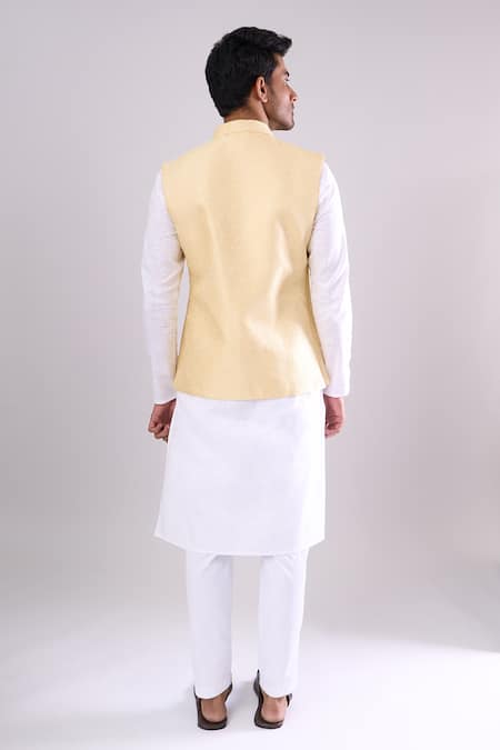 Arihant Rai Sinha Yellow Poly Jacquard Bundi 