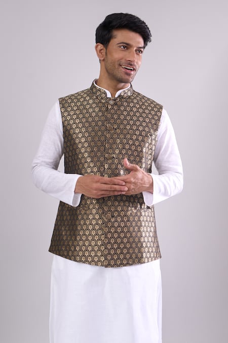 Arihant Rai Sinha_Black Polyester, Jacquard Embroidery Poly Bundi _Online_at_Aza_Fashions