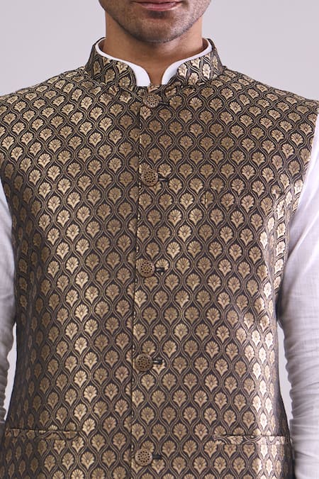 Buy_Arihant Rai Sinha_Black Polyester, Jacquard Embroidery Poly Bundi _Online_at_Aza_Fashions
