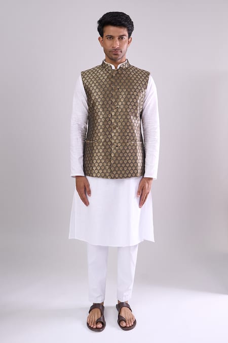 Shop_Arihant Rai Sinha_Black Polyester, Jacquard Embroidery Poly Bundi _Online_at_Aza_Fashions