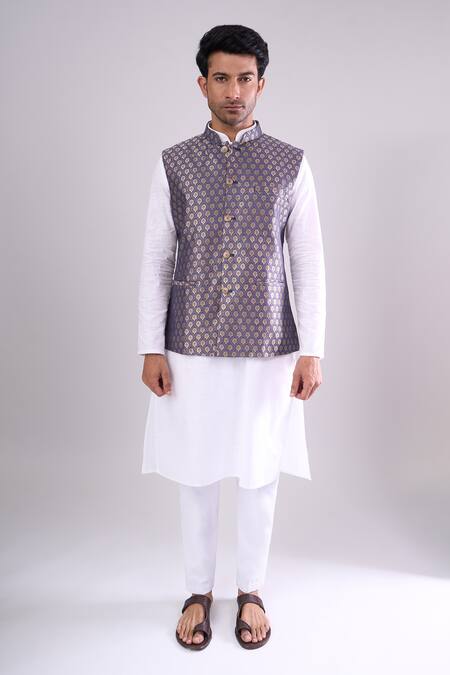 Buy_Arihant Rai Sinha_Blue Polyester, Jacquard Royal Poly Bundi _Online_at_Aza_Fashions