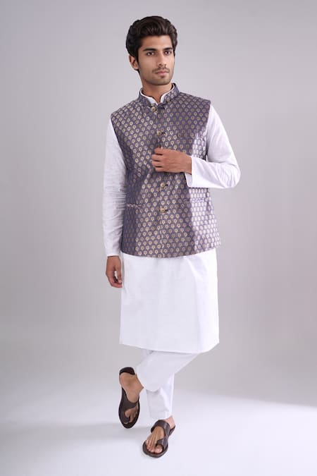 Arihant Rai Sinha Royal Blue Poly Jacquard Bundi 
