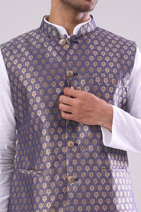Shop_Arihant Rai Sinha_Blue Polyester, Jacquard Royal Poly Bundi _Online_at_Aza_Fashions