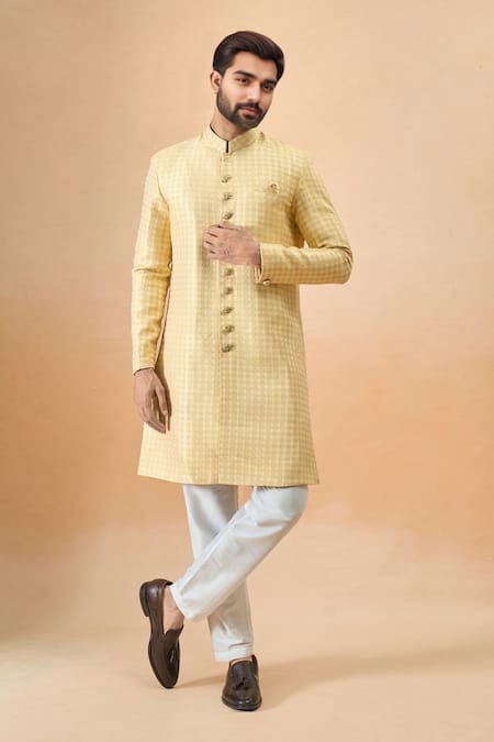 Arihant Rai Sinha Yellow Jacquard Sherwani & White Pant 