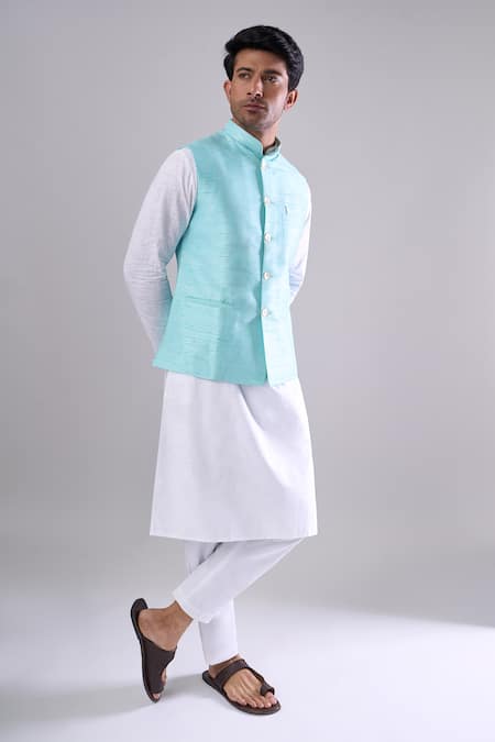 Arihant Rai Sinha Blue Firozi Silk Blend Bundi Online at Aza Fashions Arihant Rai Sinha_Blue Firozi Silk Blend Bundi _Online_at_Aza_Fashions