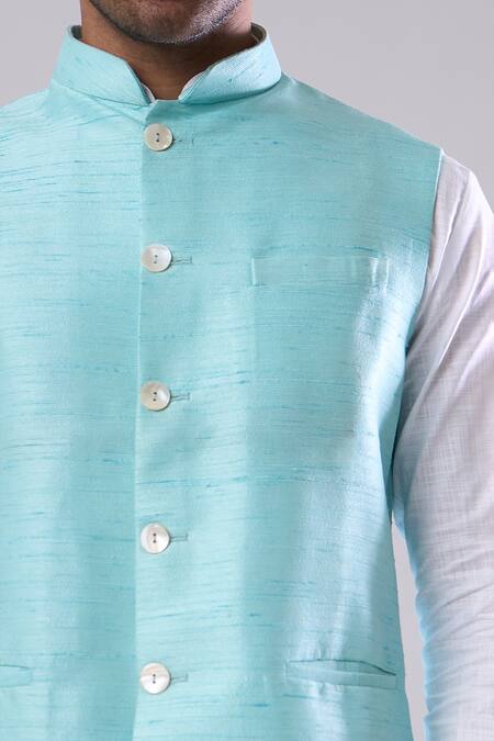 Arihant Rai Sinha Blue Firozi Silk Blend Bundi at Aza Fashions Arihant Rai Sinha_Blue Firozi Silk Blend Bundi _at_Aza_Fashions