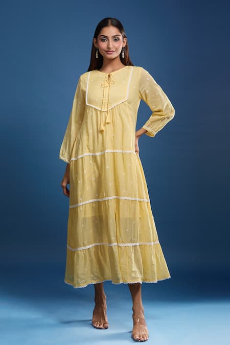 Shop_Naintara Bajaj_Mustard Cotton, Voile Lace Round Neck Mulmul Dress _Online_at_Aza_Fashions