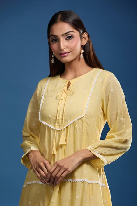 Naintara Bajaj_Mustard Cotton, Voile Lace Round Neck Mulmul Dress _at_Aza_Fashions