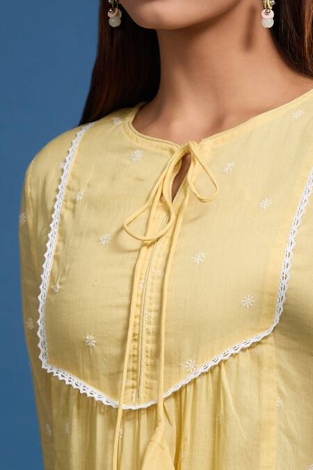 Buy_Naintara Bajaj_Mustard Cotton, Voile Lace Round Neck Mulmul Dress 