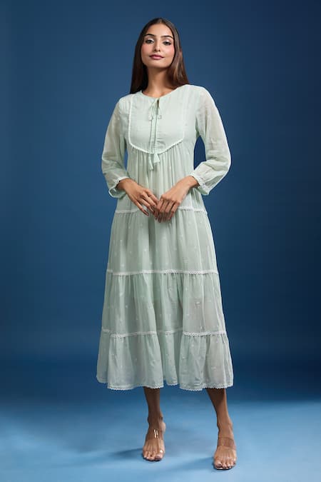 Samyukta Singhania Green Cotton Embroidery Round Neck Pista Mulmul Dress 