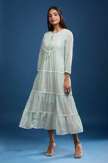 Samyukta Singhania Green Cotton Embroidery Round Neck Pista Mulmul Dress Online at Aza Fashions Samyukta Singhania_Green Cotton Embroidery Round Neck Pista Mulmul Dress_Online_at_Aza_Fashions