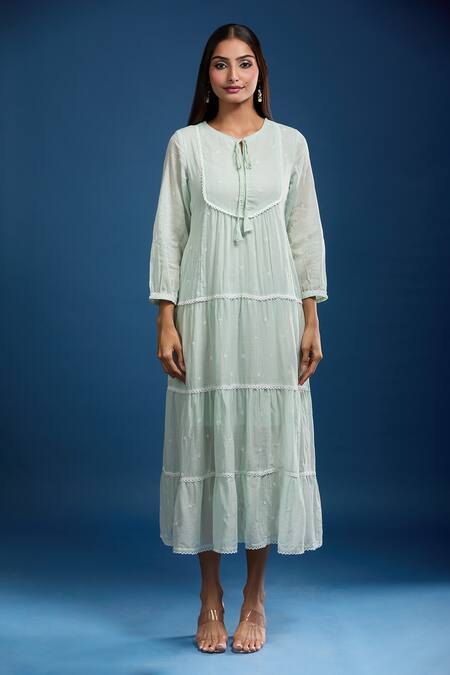 Buy Samyukta Singhania Green Cotton Embroidery Round Neck Pista Mulmul Dress Online at Aza Fashions Buy_Samyukta Singhania_Green Cotton Embroidery Round Neck Pista Mulmul Dress_Online_at_Aza_Fashions
