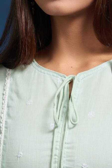 Samyukta Singhania Green Cotton Embroidery Round Neck Pista Mulmul Dress at Aza Fashions Samyukta Singhania_Green Cotton Embroidery Round Neck Pista Mulmul Dress_at_Aza_Fashions