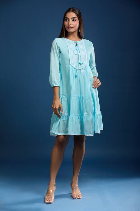 Shop_Naintara Bajaj_Aqua Cotton Embroidery Round Neck Mulmul Dress _Online_at_Aza_Fashions