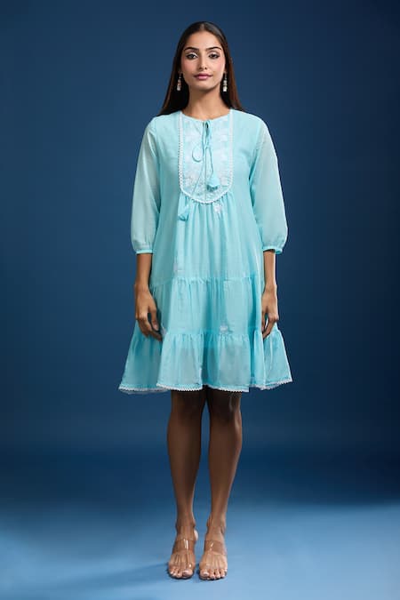 Buy_Naintara Bajaj_Aqua Cotton Embroidery Round Neck Mulmul Dress 