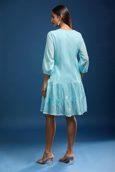 Naintara Bajaj_Aqua Cotton Embroidery Round Neck Mulmul Dress _Online_at_Aza_Fashions