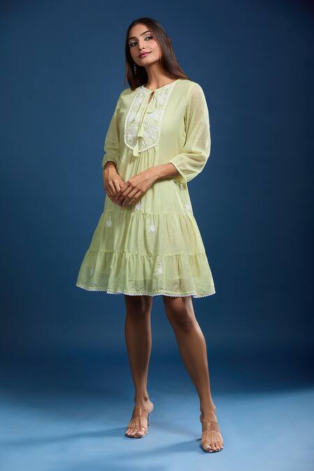Shop_Naintara Bajaj_Lime Cotton, Voile Embroidery Round Neck Green Mulmul Dress _Online_at_Aza_Fashions