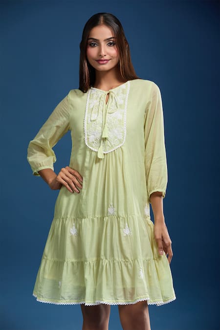 Buy_Naintara Bajaj_Lime Cotton, Voile Embroidery Round Neck Green Mulmul Dress 