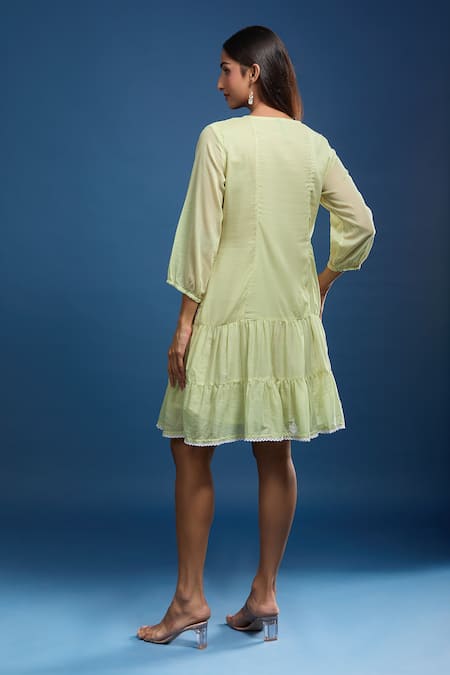 Naintara Bajaj_Lime Cotton, Voile Embroidery Round Neck Green Mulmul Dress _Online_at_Aza_Fashions