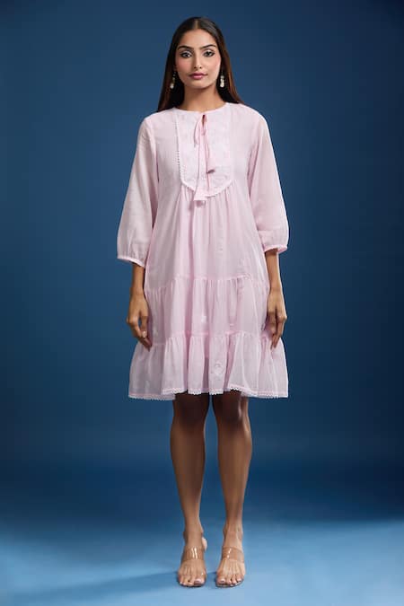 Buy_Naintara Bajaj_Pink Cotton Embroidery Round Neck Mulmul Dress _Online_at_Aza_Fashions