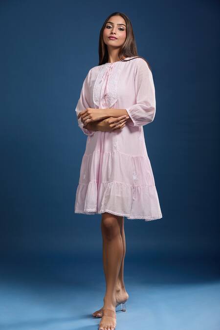 Shop_Naintara Bajaj_Pink Cotton Embroidery Round Neck Mulmul Dress _Online_at_Aza_Fashions