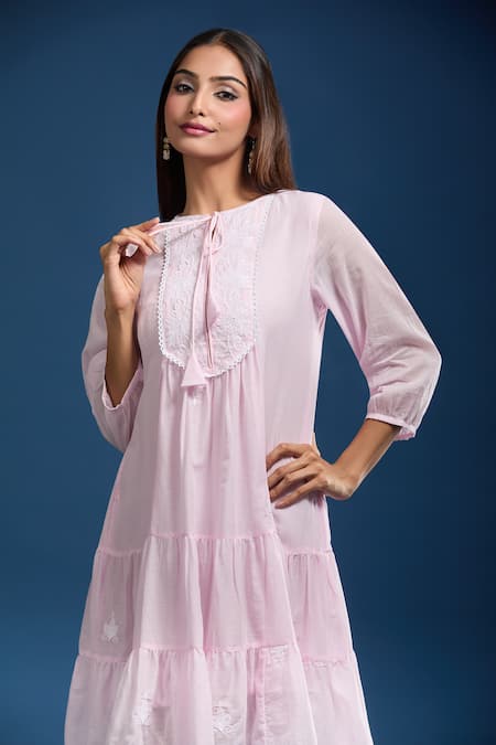 Buy_Naintara Bajaj_Pink Cotton Embroidery Round Neck Mulmul Dress 
