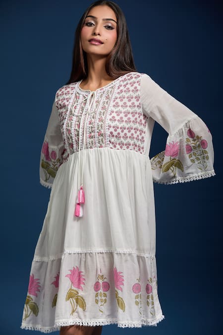 Naintara Bajaj_Off White Cotton Embroidery Round Neck Floral Dress_Online_at_Aza_Fashions