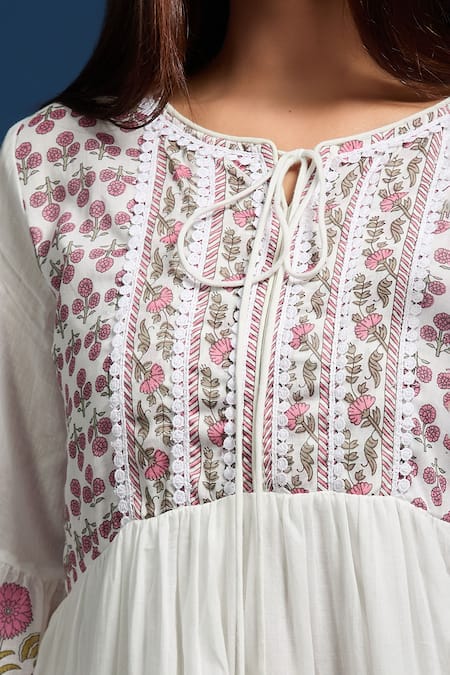 Buy_Naintara Bajaj_Off White Cotton Embroidery Round Neck Floral Dress_Online_at_Aza_Fashions