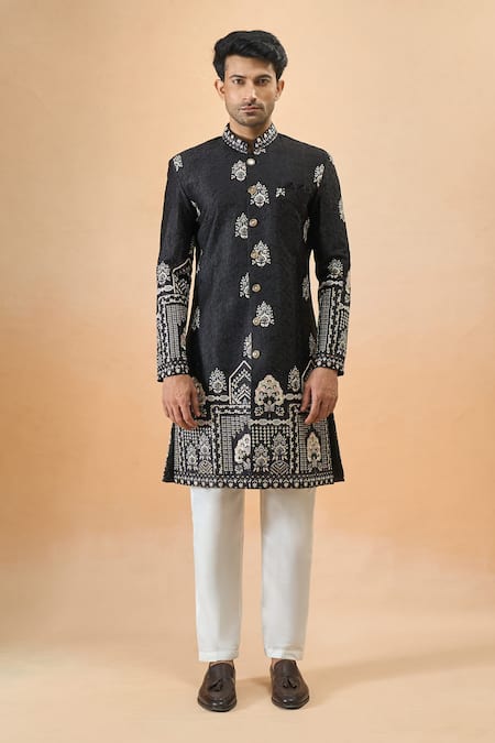 Arihant Rai Sinha_Black Silk Embroidery Thread Sherwani Set _Online_at_Aza_Fashions