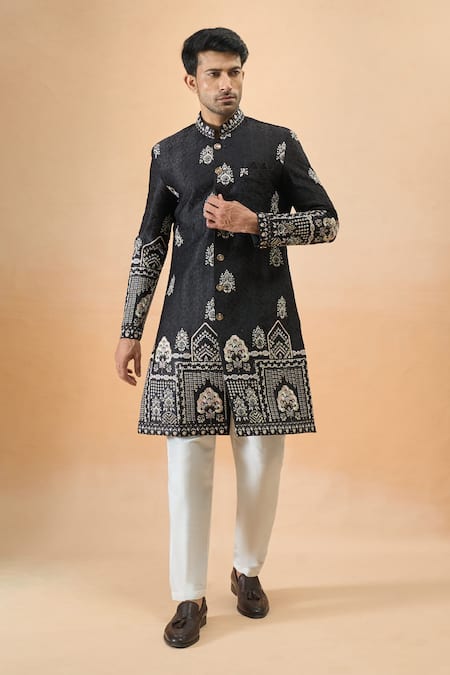 Buy_Arihant Rai Sinha_Black Silk Embroidery Thread Sherwani Set _Online_at_Aza_Fashions