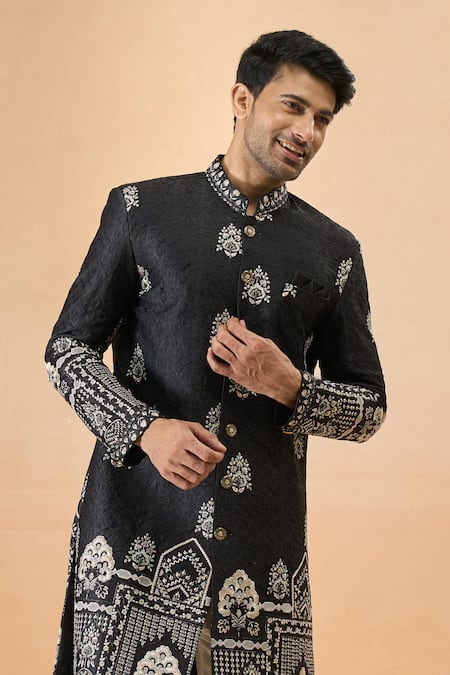Shop_Arihant Rai Sinha_Black Silk Embroidery Thread Sherwani Set _Online_at_Aza_Fashions