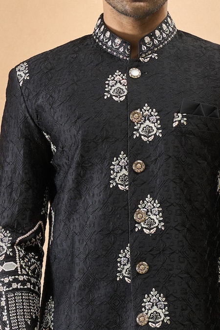 Buy_Arihant Rai Sinha_Black Silk Embroidery Thread Sherwani Set 