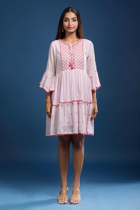Buy_Naintara Bajaj_Pink Cotton, Voile Embroidery Round Neck Mulmul Dress _Online_at_Aza_Fashions