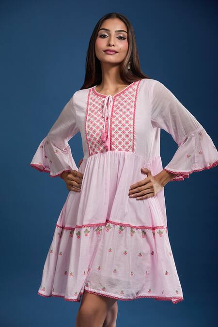 Naintara Bajaj_Pink Cotton, Voile Embroidery Round Neck Mulmul Dress _at_Aza_Fashions
